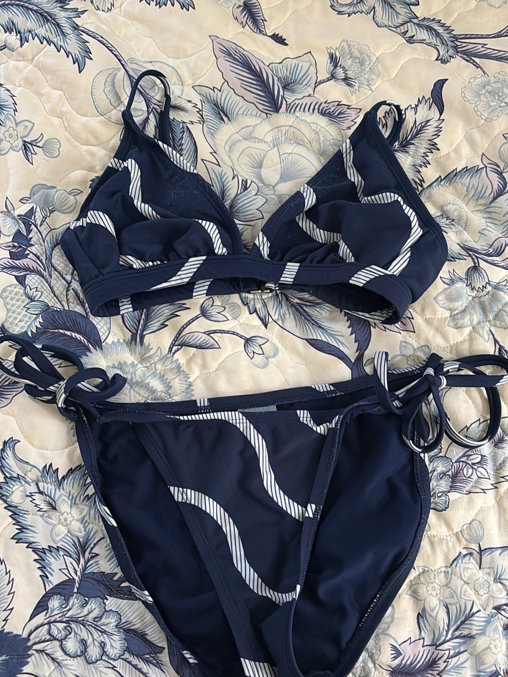 Navy Wave Print Tie-Side Bikini - Women Swim shade & shore